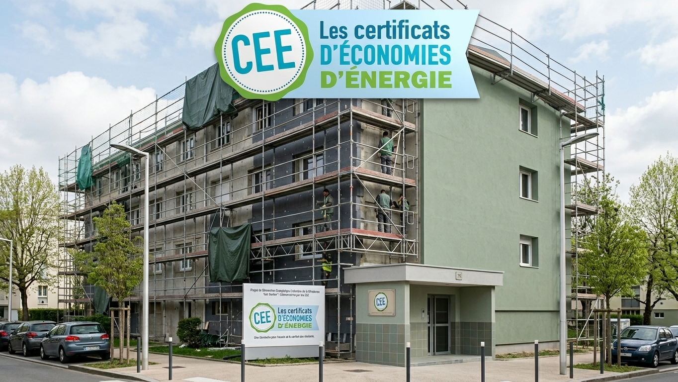 Immeuble rénové à Strasbourg. Façades gris et vert d'eau, logo CEE 'Les certificats d’économies d’énergie' en haut. Panneau d'information CEE devant, voitures garées, arbres verts.