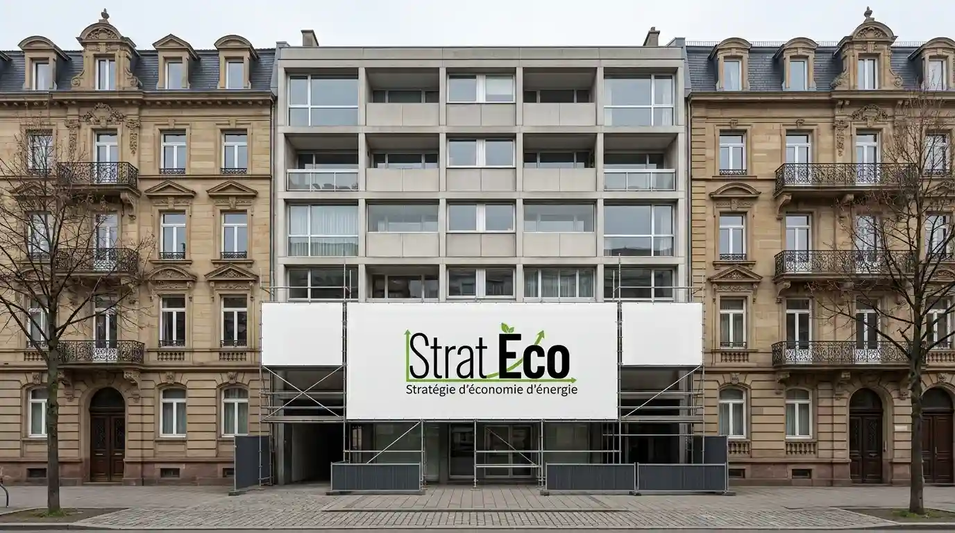 Rénovation urbaine à Strasbourg (Grand Est) : échafaudages avec bâche Strat Eco, une AMO pour l'économie d'énergie.
