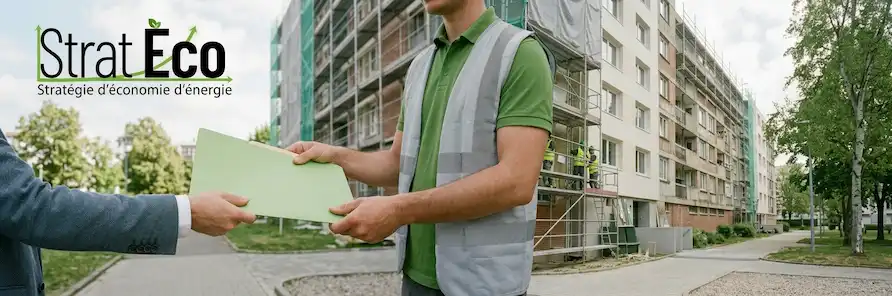 Un AMO en costume remet un dossier vert à à un AMO Strat Eco pou reprendre le relai devant un grand immeuble en cours de rénovation avec échafaudages.
